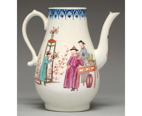 A Worcester coffee pot, c1765, with underglaze blue border and painted to both sides with three Chinese figures, the spout de