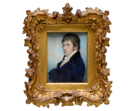 English School, early 19th c - Portrait Miniature of a Gentleman, bust length in navy coat, white stock and yellow waistcoat,