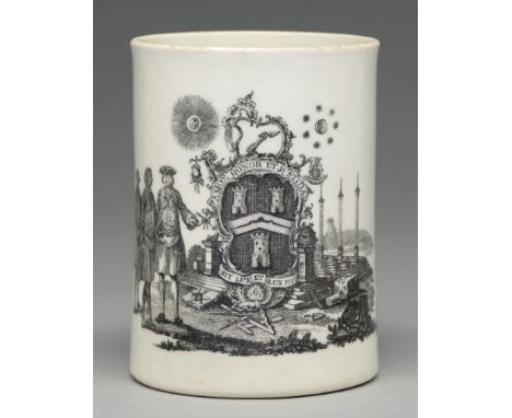 A Worcester cylindrical mug, c1760-1762, the black transfer print engraved by Robert Hancock of the arms of the Grand Lodge a