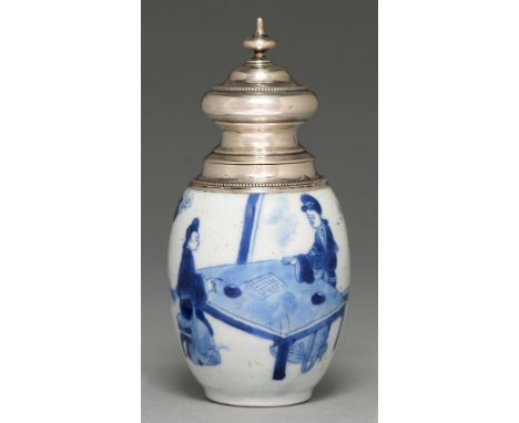 A Chinese blue and white tea caddy, 18th c, painted with two ladies playing go, later silver mount and stopper, 13cm h Other 