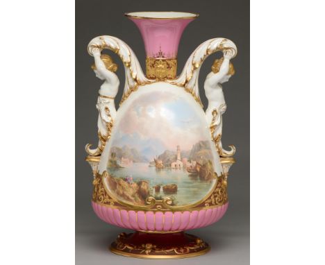 A Brown-Westhead, Moore &amp; Co vase, c1870, with flared neck and demi figural acanthus handles, painted by E[mile] Bernard,