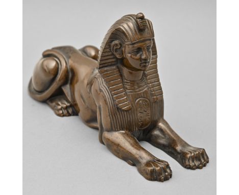 A French bronze sculpture of the Sphinx, late 19th c, uneven light brown patina dark in places, 25cm l Undamaged