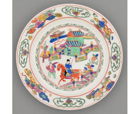A rare Derby plate, c1790, enamelled with a horseman and groom before a green temple in iron red double line and green frame,