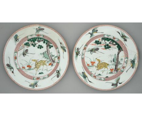 Two Chinese famille verte dishes, Kangxi period, painted with a yellow deer, phoenix and sacred fungus and pine tree in panel