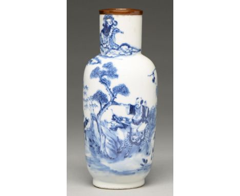 A Chinese blue and white vase, 19th c, painted with the eight immortals mounted on their respective beasts, mounted with late