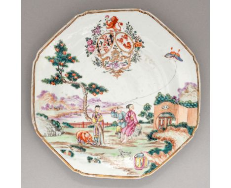 A Chinese armorial plate, c1770,&nbsp;enamelled with the arms of Peach quartering Small with, in pretence and accollee, Cockb