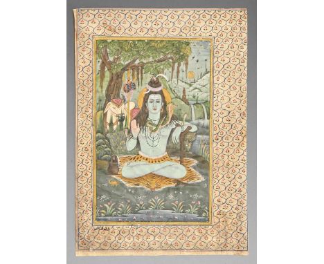 Indian School, 19th c - Shiva with Nandi, illustrated leaf from a manuscript, text verso, 30 x 20.5cm Localised losses, worm 