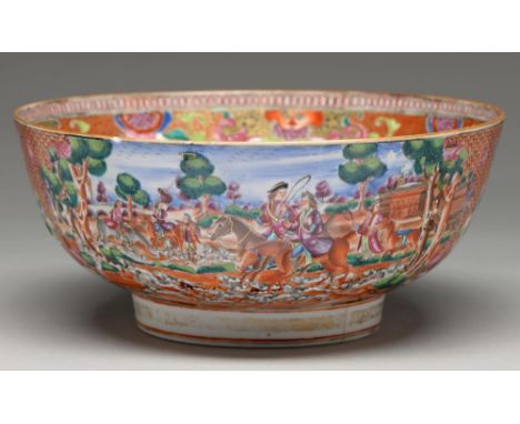 A Chinese European-subject famille rose punch bowl, c1770, enamelled with hunting scenes and subsidiary iron red landscape re