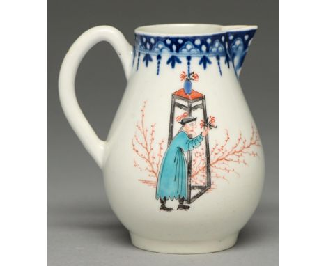 A Worcester hot milk jug, c1765, with underglaze blue border and painted with three Chinese figures, 11cm h Star crack in bas