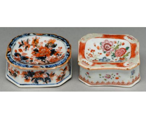 Two Chinese famille rose and Imari salt cellars, 18th c, decorated with flowers, one with gilt spearhead border around the fo