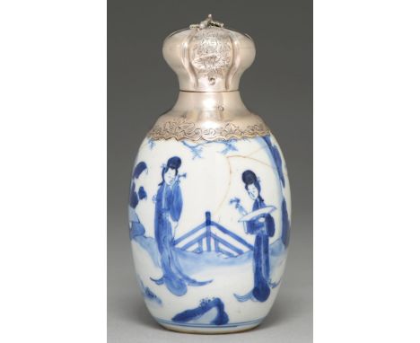 A Chinese blue and white vase, Kangxi period, ovoid, painted with three women in a continuous landscape with plantain, fence 