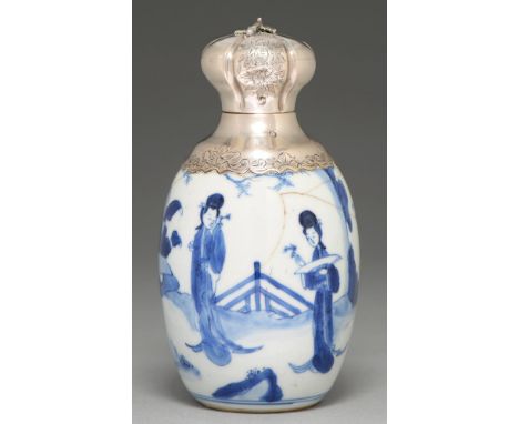 A Chinese blue and white vase, Kangxi period, ovoid, painted with three women in a continuous landscape with plantain, fence 