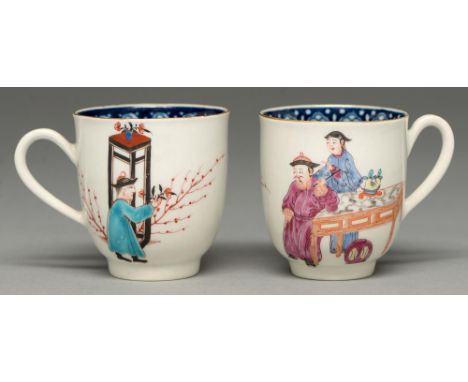 Two Worcester coffee cups, c1765, with underglaze blue border and painted with three Chinese figures, 67 and 68mm h Undamaged