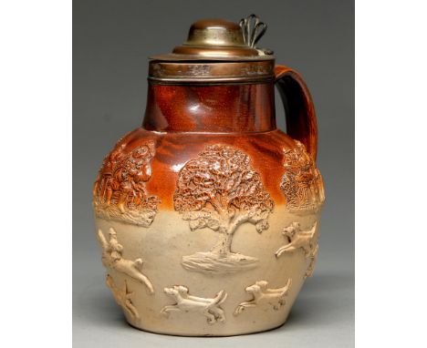A Sheffield plate mounted saltglazed brown stoneware hunting jug, London or possibly Bristol, early 19th c, 26cm h Plating wo
