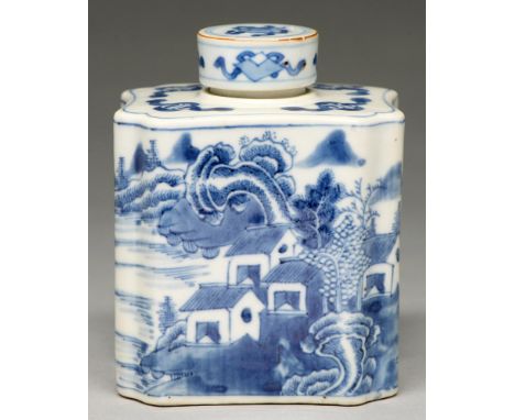 A Chinese blue and white tea caddy and a cover, late 18th c, painted with landscapes, 13 cm h Cover broken and restuck