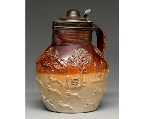 A Sheffield plate mounted saltglazed brown stoneware hunting jug, probably London, early 19th c, the lid engraved with a cres