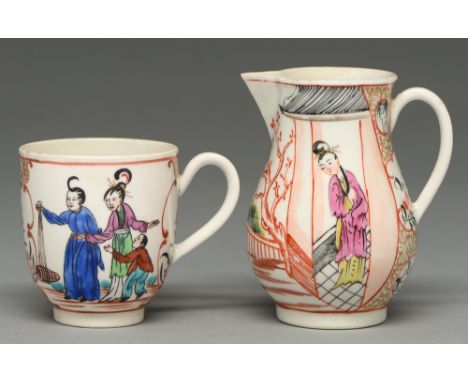 A Worcester sparrow beak jug and coffee cup, c1770, the jug enamelled with two Chinese figures and a red fence, the cup with 