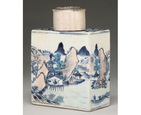 A Chinese blue and white tea caddy and a cover, 19th c, painted with landscapes, 13cm h and a larger Chinese blue and white a