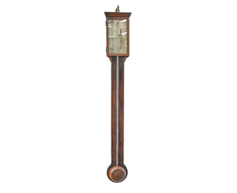A Scottish Victorian mahogany and fruitwood cistern barometer, C Altria, Aberdeen, the silvered register with mercury thermom