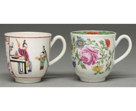 Two Worcester coffee cups, c1770, one enamelled with Chinese figures, the other with a floral bouquet and prominent rose, and