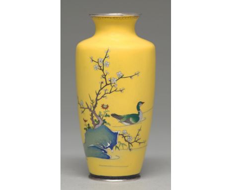 A Japanese cloisonne enamel vase, Taisho period, enamelled with a duck near prunus growing from a rock on a vivid yellow grou