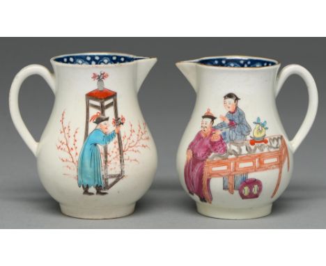 Two Worcester sparrow beak cream jugs, c1765, with underglaze blue border and painted with three Chinese figures, 85 and 87mm