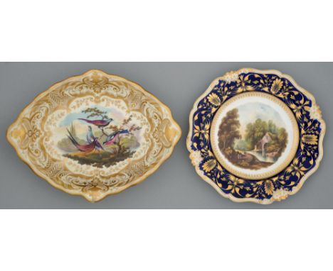 A Derby plate, c1830, painted by Daniel Lucas with a watermill, in blue and gilt border, 22.5cm diam, red printed circular ma