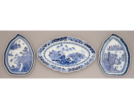 Two Chinese blue and white leaf shaped dishes, 18th / early 19th c, painted with river scenes in cell diaper or panelled diap