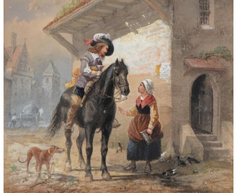 Richard Beavis (1824-1896) - A Cavalier Taking Refreshment at an Inn, signed and inscribed sketch, watercolour, 17 x 20cm Gen