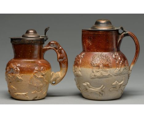 A silver mounted English saltglazed brown stoneware hunting jug, c1797, with greyhound handle, 16.5cm h, mount maker Thomas L
