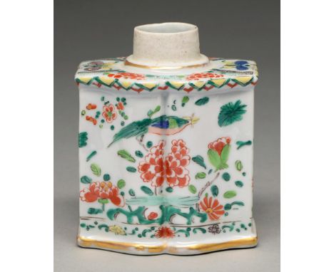 A Chinese famille verte tea caddy, 19th c, enamelled with bird, insects and flowers between red, green and yellow geometric o