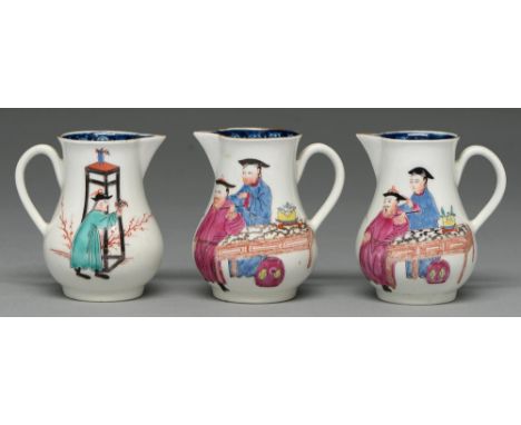Three Worcester sparrow beak jugs, c1765, with underglaze blue border and painted with thee Chinese figures, 83 and 85mm h Li