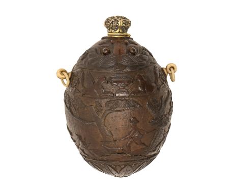 A coconut flask, probably French, late 18th / early 19th c, crisply carved with a continuous hunting scene, the shoulder with