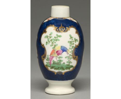 A Worcester scale blue ground tea caddy, c1770, enamelled with brightly plumaged birds and insects in gilt rococo reserves on