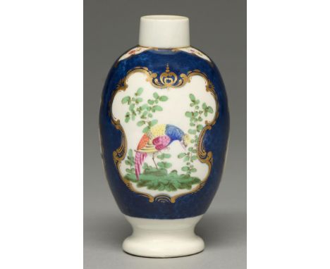 A Worcester scale blue ground tea caddy, c1770, enamelled with brightly plumaged birds and insects in gilt rococo reserves on