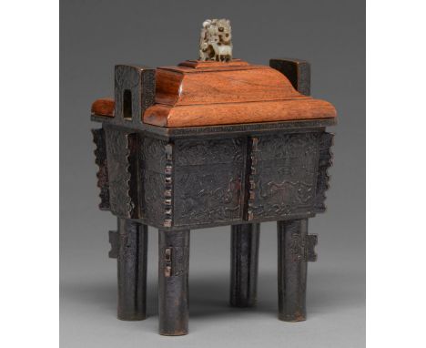 A Chinese bronze archaistic censer, Fang Ding, 17th / 18th c and a Chinese wood cover, the possibly earlier jade finial carve