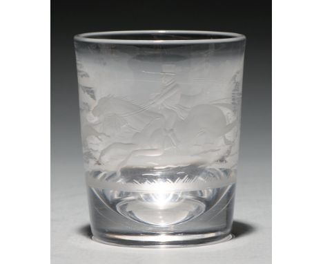 A Victorian glass beaker, mid 19th c, engraved with a continuous fox hunting scene, 10.4cm h Undamaged