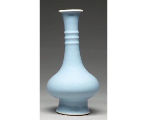 A Chinese clair-de-lune glazed vase, 19th c or later,&nbsp;with three neck rings, 26.5cm h, Kangxi mark in blue Neck leaning 