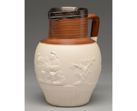 A silver mounted Turner felspathic stoneware jug, c1800, with crisp sprigs of toper and trees between engine turned borders, 