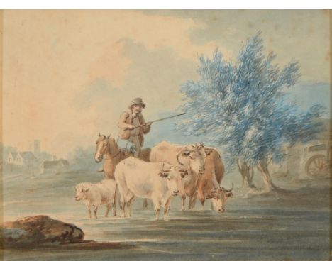 Peter La Cave (1769-1811) - Three Longhorn Cattle, Sheep and a Drover, signed and dated 1801, watercolour, 16.5 x 21.5cm  Pro