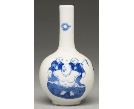 A Chinese blue and white miniature vase, 19th c, painted with Budai, 12cm h, Kangxi mark Undamaged, no restoration