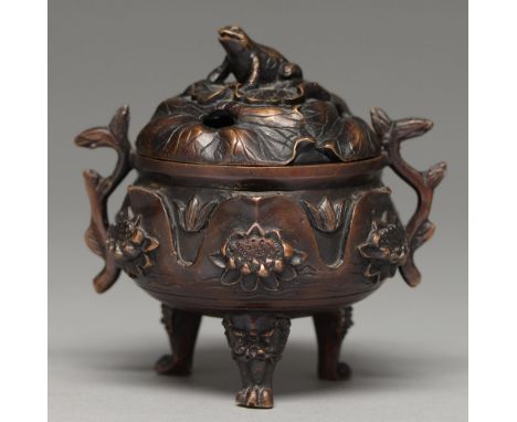 A Chinese bronze tripod censer, 20th c, cast with lotus, the domed cover with toad finial, on three mask and paw feet, 12cm h