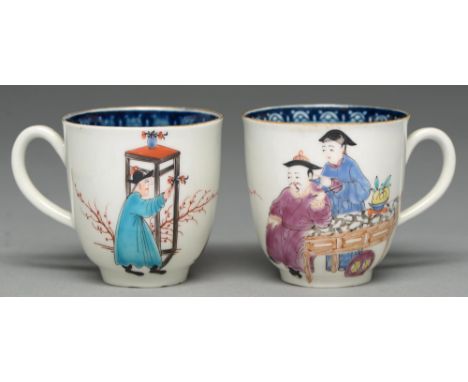 Two Worcester coffee cups, c1765, with underglaze blue border and painted with three Chinese figures, 65mm h Undamaged