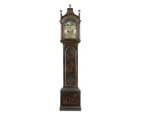 A GEORGE III JAPANNED LONGCASE CLOCK WILLIAM LAWRENCE OF THAME, C.1760 the brass eight day movement with four turned and finn