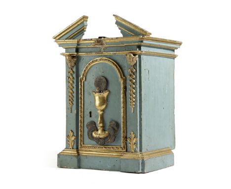 AN ITALIAN PAINTED AND GILTWOOD TABERNACLE POSSIBLY TUSCAN, 18TH CENTURY of architectural form, the front decorated with ange