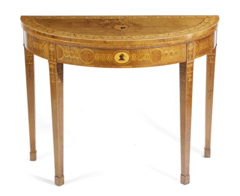  λ  A GEORGE III HAREWOOD AND MARQUETRY CARD TABLE IN THE MANNER OF MAYHEW & INCE, C.1780-90 with rosewood and kingwood cross