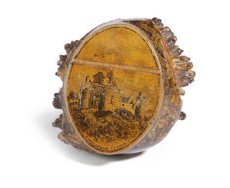 A VICTORIAN SCOTTISH MAUCHLINE WARE BURR SYCAMORE SNUFF BOX C.1860 the hinged lid decorated with a view of 'Caerlaverock Cast
