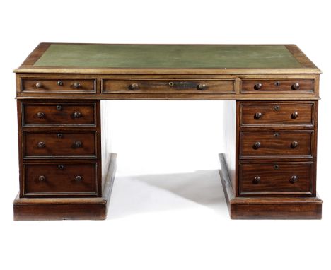 AN EARLY VICTORIAN MAHOGANY TWIN PEDESTAL PARTNER'S DESK MID-19TH CENTURY the moulded edge top inset with a later gilt tooled