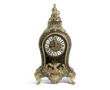 A FRENCH BOULLE MANTEL CLOCK IN LOUIS XIV STYLE 19TH CENTURY the brass eight day movement striking on a bell, the circular di