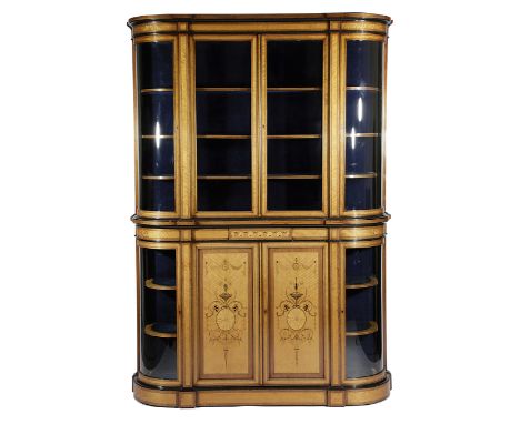 A LATE VICTORIAN SATINWOOD AND MARQUETRY BOWFRONT DISPLAY CABINET IN THE MANNER OF HOLLAND AND SONS, LATE 19TH CENTURY in two